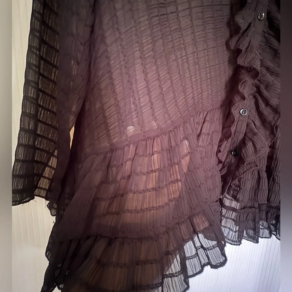 Zara Ruffled Textured Weave Long Sleeve Button Down Blouse Black Medium - Picture 6 of 15